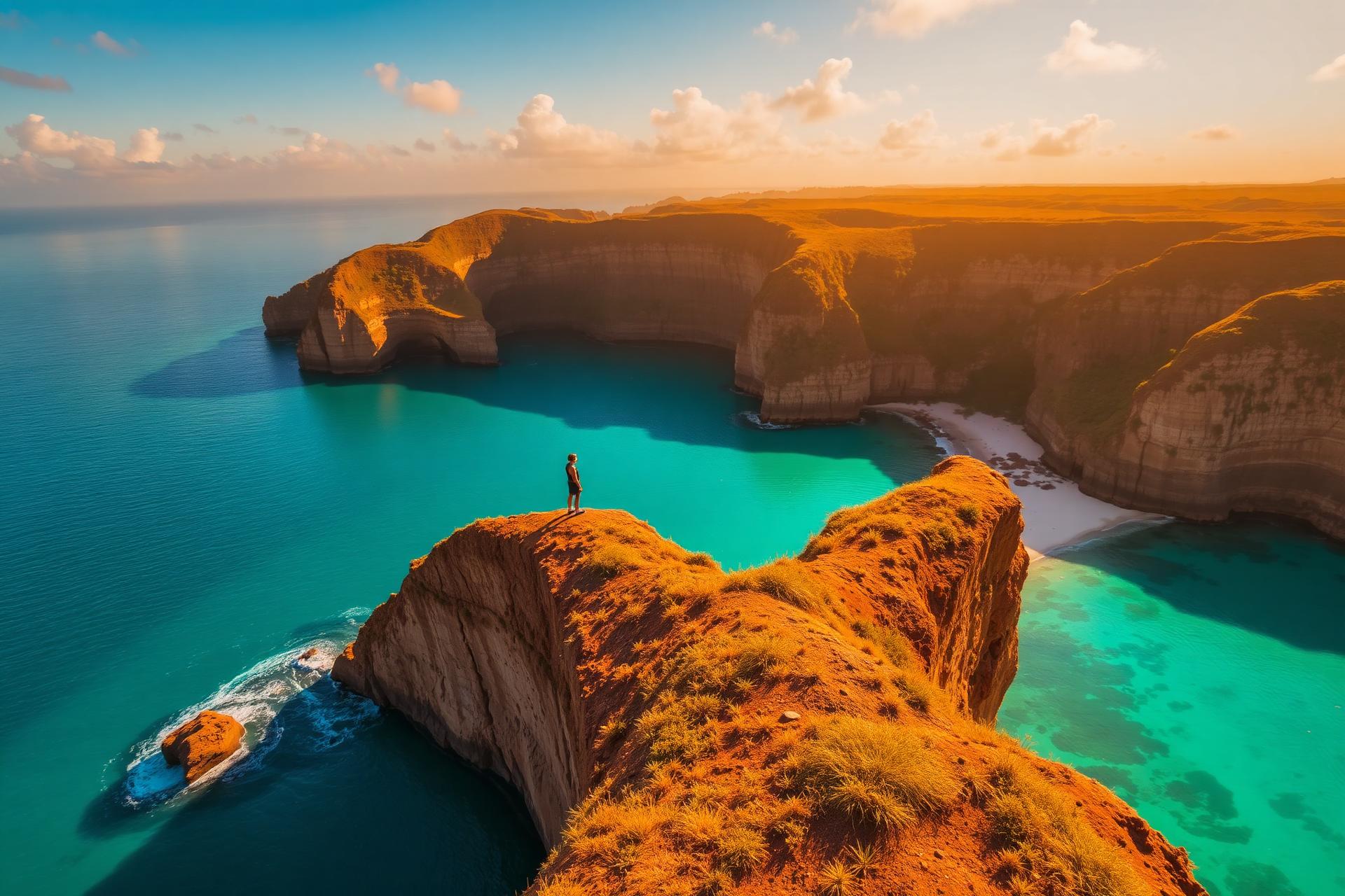 Traveler on a clifftop above turquoise sea